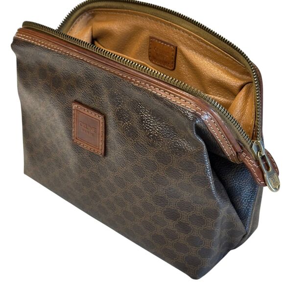 Celine Macadam Cosmetics Bag Top Zip Brown Leather Canvas Pouch Makeup Pockets - Picture 3 of 11